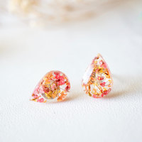 Real Dried Flowers and Resin Teardrop Stud Earrings in Pink Orange Yellow - Thumbnail 2
