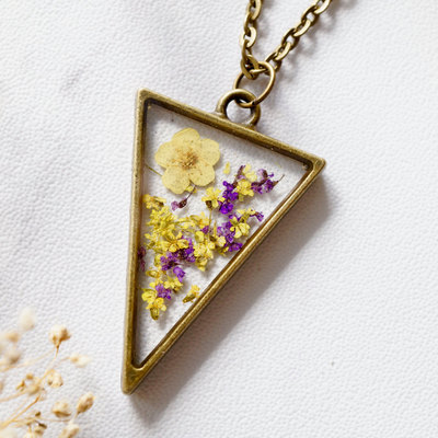Real dried flowers in resin necklace purple yellow mix