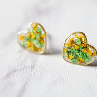 Real Dried Flowers and Resin Heart Stud Earrings in Yellow Green - Thumbnail 1