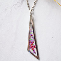 Real Pressed Flower and Resin Necklace in Mint Green, Purples, and Pinks Mix - Thumbnail 1