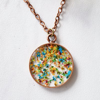 Real Pressed Flower and Resin Necklace in Oranges, Yellows, Greens, Blues, and Pinks - Thumbnail 1
