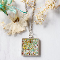 Real Pressed Flowers in Resin Necklace in Silver Mint Rose Yellow Mix - Thumbnail 1