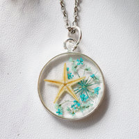 Real Starfish and Pressed Flower in Resin Necklace in Blues Mix - Thumbnail 1