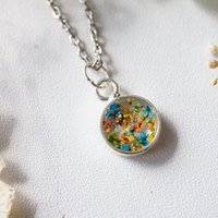 Real Dried Flowers in Resin Necklace in Blue Green Orange Yellow Mix - Thumbnail 1