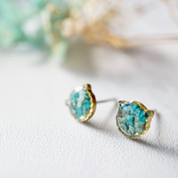 Real Dried Flowers and Resin Cat Stud Earrings in Mint Teal Mix - Thumbnail 1