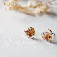 Real Dried Flowers and Resin Heart Stud Earrings in Magenta Orange White Mix - Thumbnail 2