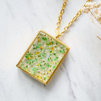 Real Dried Flowers in Resin Square Necklace in Gold Yellow Green White - Thumbnail 4