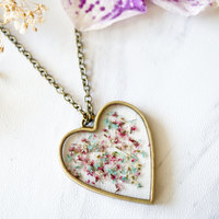 Real Dried Flowers in Resin Heart Necklace in Mint Pink White - Thumbnail 3