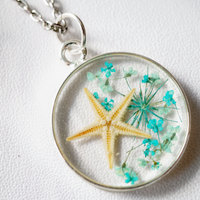 Real Starfish and Pressed Flower in Resin Necklace in Blues Mix - Thumbnail 2