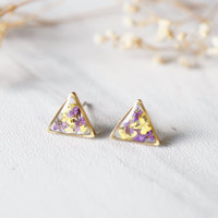 Real Dried Flowers and Resin Stud Earrings in Purple and Yellow Mix - Thumbnail 2