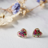 Real Dried Flowers and Resin Heart Stud Earrings in Purple Pink Green Mix - Thumbnail 2