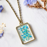 Real Pressed Flower and Resin Necklace in Teal Mint Blue Mix - Thumbnail 4
