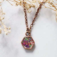 Real Dried Flowers in Resin Necklace Purple Pink Green Yellow Mix - Thumbnail 3