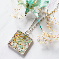 Real Pressed Flowers in Resin Necklace in Silver Mint Rose Yellow Mix - Thumbnail 3