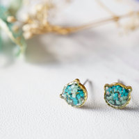 Real Dried Flowers and Resin Cat Stud Earrings in Mint Teal Mix - Thumbnail 3