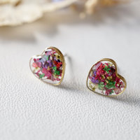 Real Dried Flowers and Resin Heart Stud Earrings in Purple Pink Green Mix - Thumbnail 3