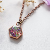 Real Dried Flowers in Resin Necklace Purple Pink Green Yellow Mix - Thumbnail 4