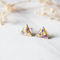 Real Dried Flowers and Resin Stud Earrings in Purple and Yellow Mix - Thumbnail 3