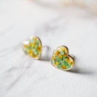 Real Dried Flowers and Resin Heart Stud Earrings in Yellow Green - Thumbnail 4