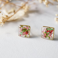 Real Dried Flowers and Resin Stud Earrings in Pink Green Mix - Thumbnail 4