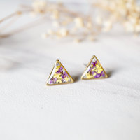 Real Dried Flowers and Resin Stud Earrings in Purple and Yellow Mix - Thumbnail 4