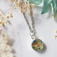 Real Dried Flowers in Resin Necklace in Blue Green Orange Yellow Mix - Thumbnail 4