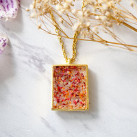 Real Dried Flowers in Resin Square Necklace in Gold Red Orange - Thumbnail 2