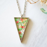 Real Pressed Flower and Resin Necklace Silver Triangle in Green Pink and Orange - Thumbnail 2