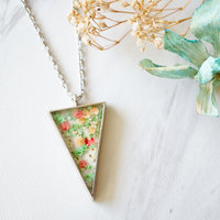 Real Pressed Flower and Resin Necklace Silver Triangle in Green Pink and Orange - Thumbnail 4