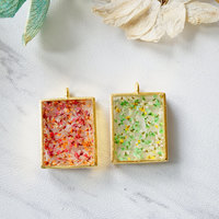 Real Dried Flowers in Resin Square Necklace in Gold Red Orange - Thumbnail 4
