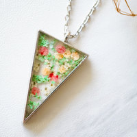 Real Pressed Flower and Resin Necklace Silver Triangle in Green Pink and Orange - Thumbnail 6