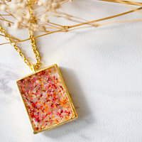 Real Dried Flowers in Resin Square Necklace in Gold Red Orange - Thumbnail 6