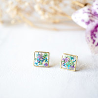 Real Dried Flowers and Resin Square Stud Earrings in Purple Blue Green - Thumbnail 5