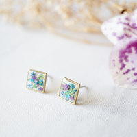 Real Dried Flowers and Resin Square Stud Earrings in Purple Blue Green - Thumbnail 6