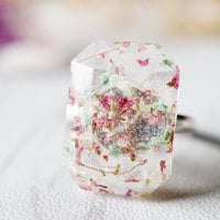Real Pressed Flower and Resin Ring in Mint Magenta White - Thumbnail 4
