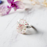 Real Pressed Flower and Resin Ring in Mint Magenta White - Thumbnail 5