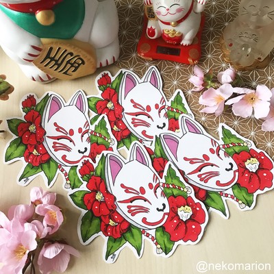 Mask kitsune flowers - stickers