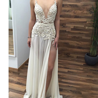 Elegant v neck  long prom dress with lace , evening dresses - Thumbnail 1