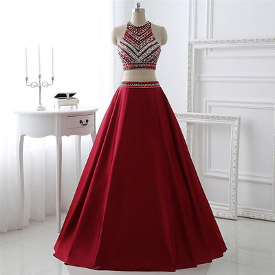 Burgundy 2 pieces long prom dress with beading ,burgundy evening dresses