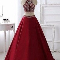 Burgundy 2 pieces long prom dress with beading ,burgundy evening dresses - Thumbnail 2