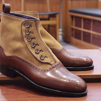 Handmade men classic brown leather buttons boots, jeans ankle high boots