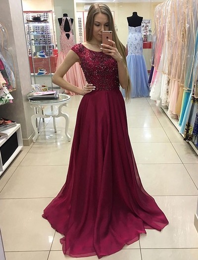  Burgundy chiffon long prom dress with beading ,burgundy evening dresses