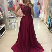  Burgundy chiffon long prom dress with beading ,burgundy evening dresses - Thumbnail 1