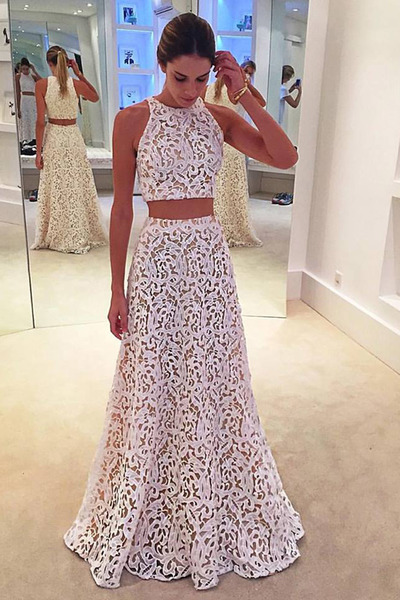 White lace two pieces long prom dress ,formal dresses