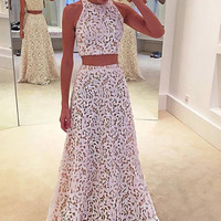 White lace two pieces long prom dress ,formal dresses - Thumbnail 1