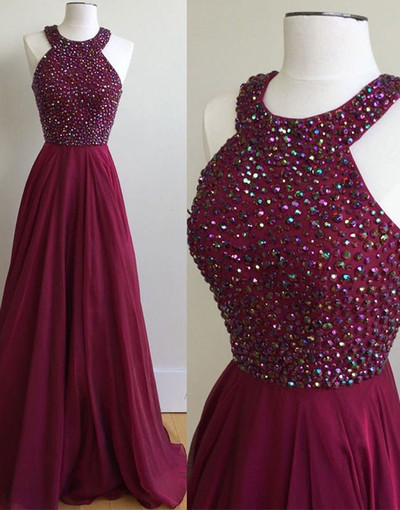  Burgundy chiffon long prom dress with beading ,burgundy evening dresses