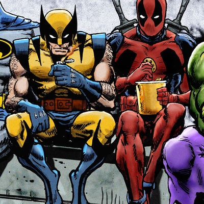 Marvel and dc superheroes lunch atop a skyscraper- mounted canvas wrap 