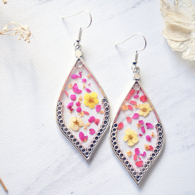 Real pressed flowers and resin earrings in red orange pink yellow