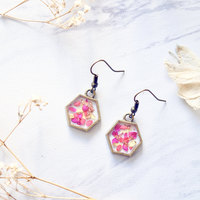 Real Pressed Flowers and Resin Earrings in Neon Pink Yellow and Copper Flakes - Thumbnail 1