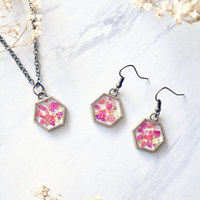 Real Pressed Flowers and Resin Earrings in Neon Pink Yellow and Copper Flakes - Thumbnail 3